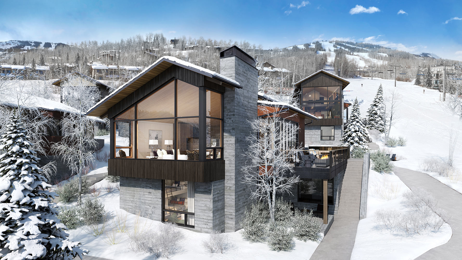 Snowmass Base Village pedestrian plaza rendering in winter
