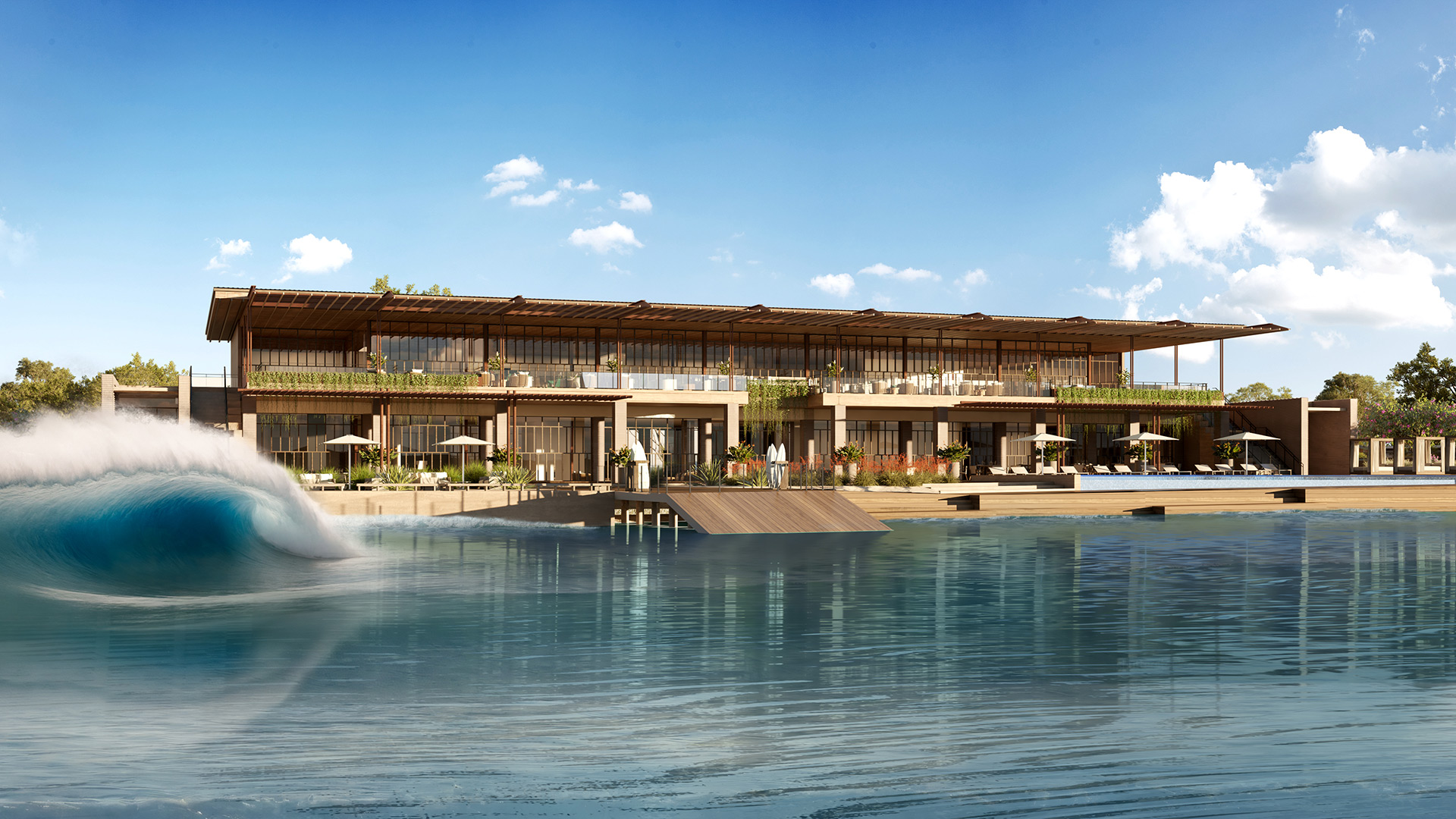 Austin Surf Club clubhouse terrace rendering overlooking the lagoon