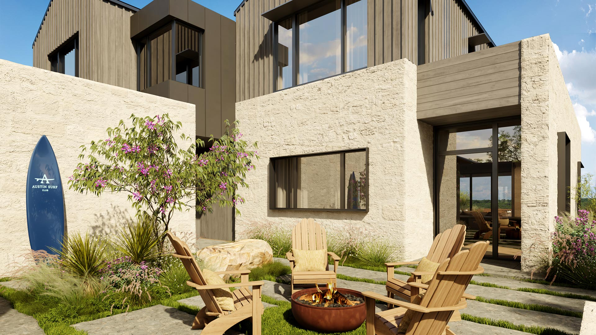Austin Surf Club wave pool rendering with surfer, Texas