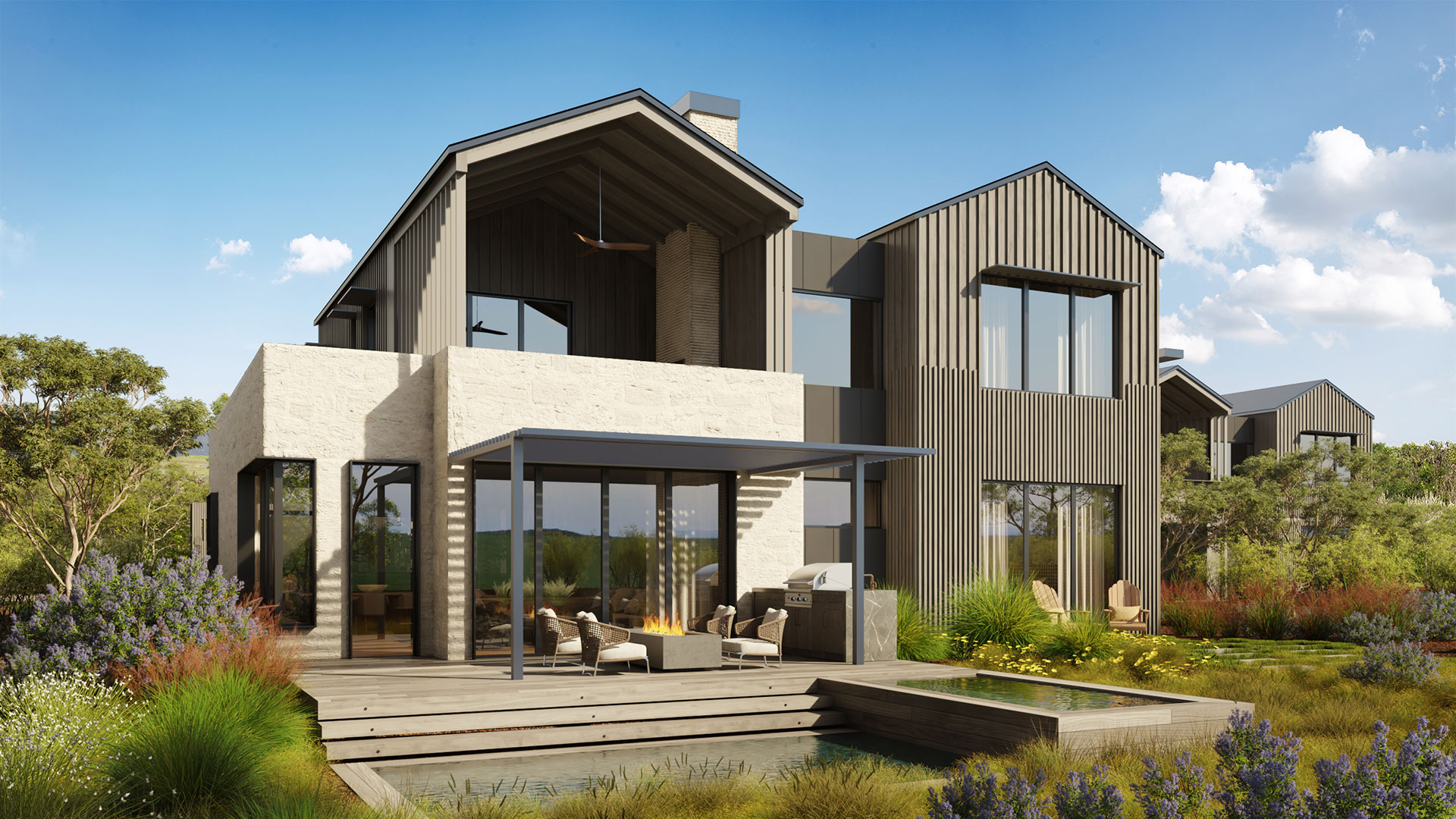 Architectural rendering of the Austin Surf Club lagoon and clubhouse, Austin, Texas