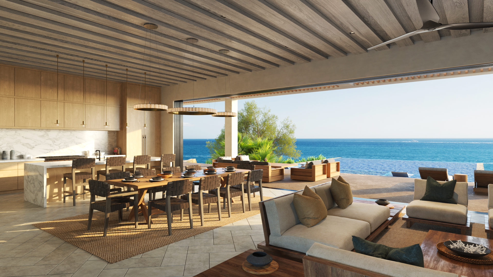 Cove Club pool terrace rendering overlooking the Pacific, Mexico