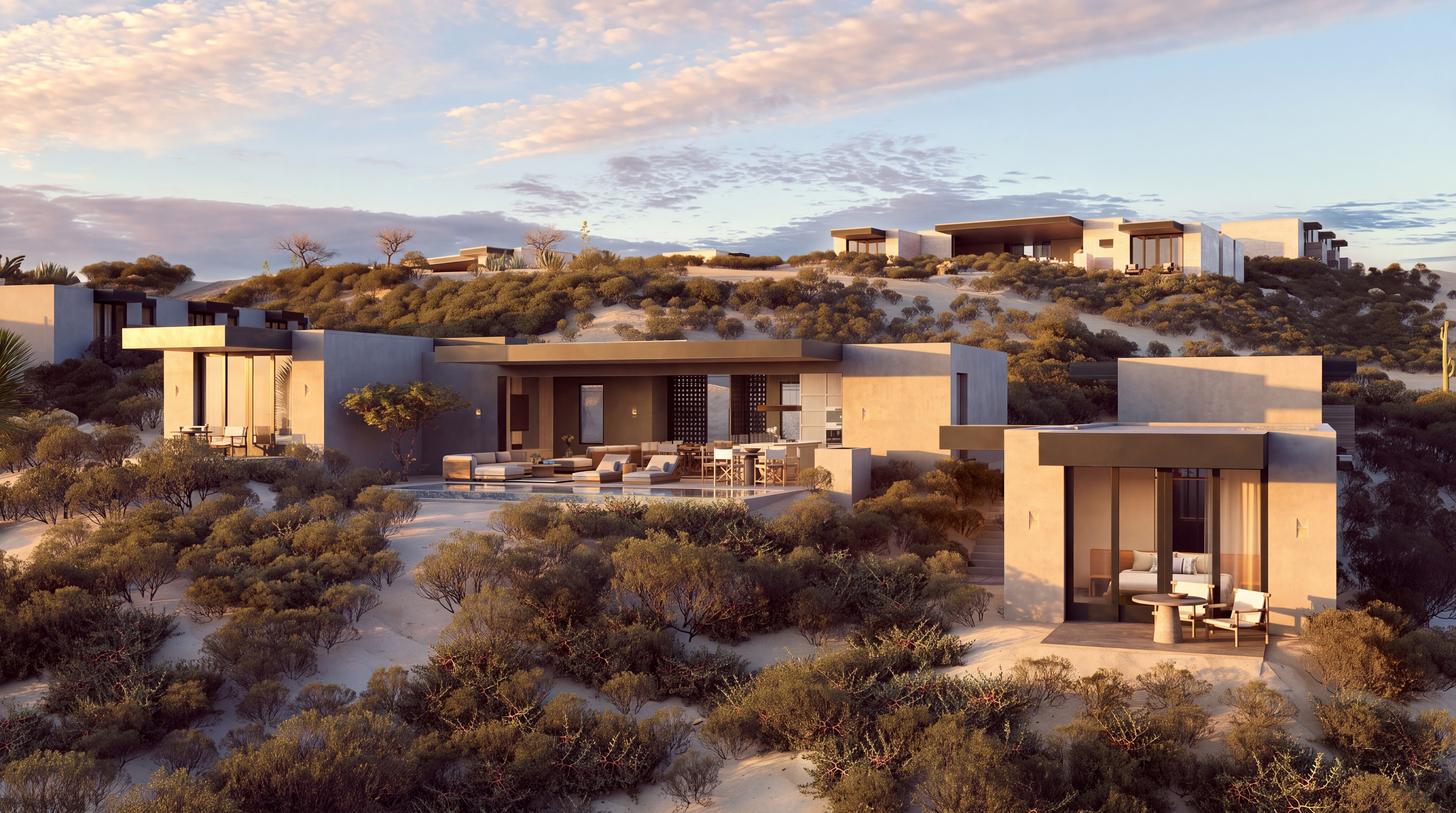Rear exterior rendering of a Destera villa