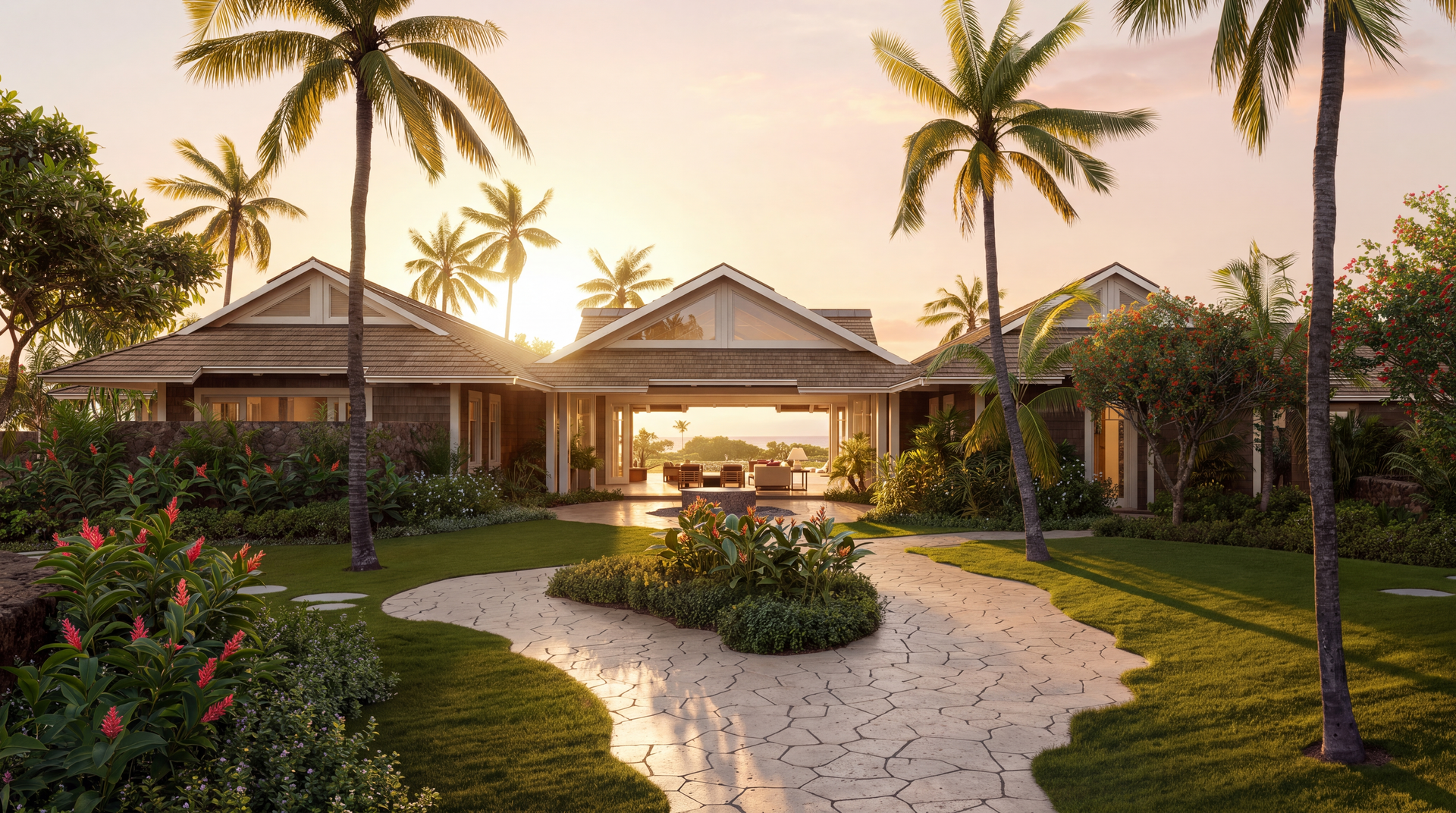 Kohanaiki residence entry courtyard rendering at sunset, Big Island, Hawaii
