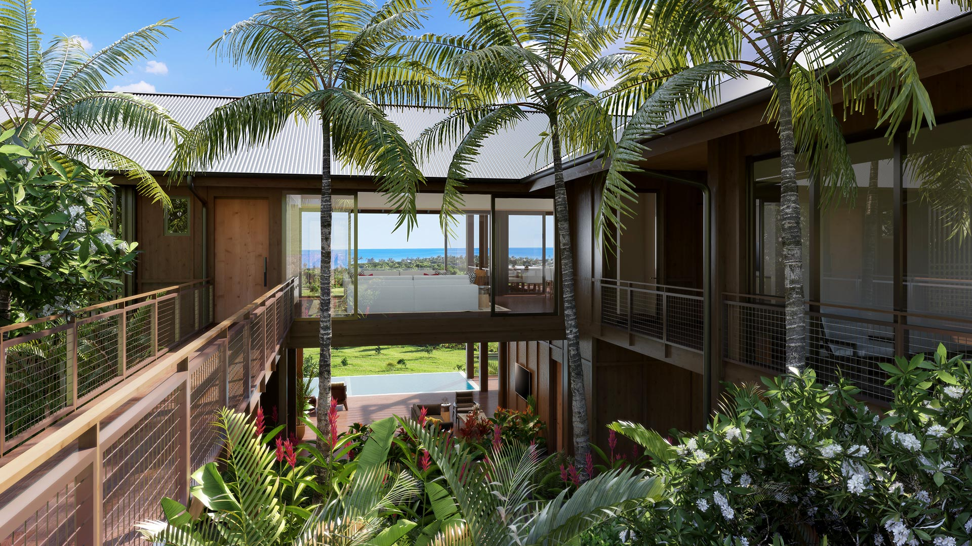 Architectural rendering of the Kukuiula Lot 40 residence at dusk, Kauai, Hawaii