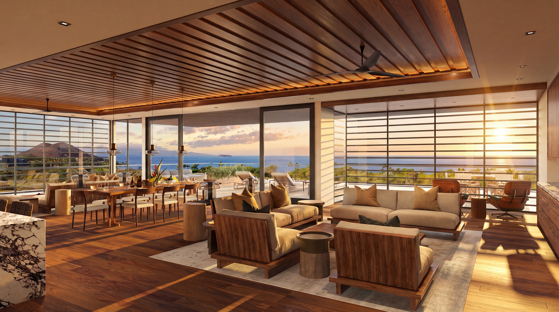 Makena Golf & Beach Club clubhouse lounge interior at sunset, Maui