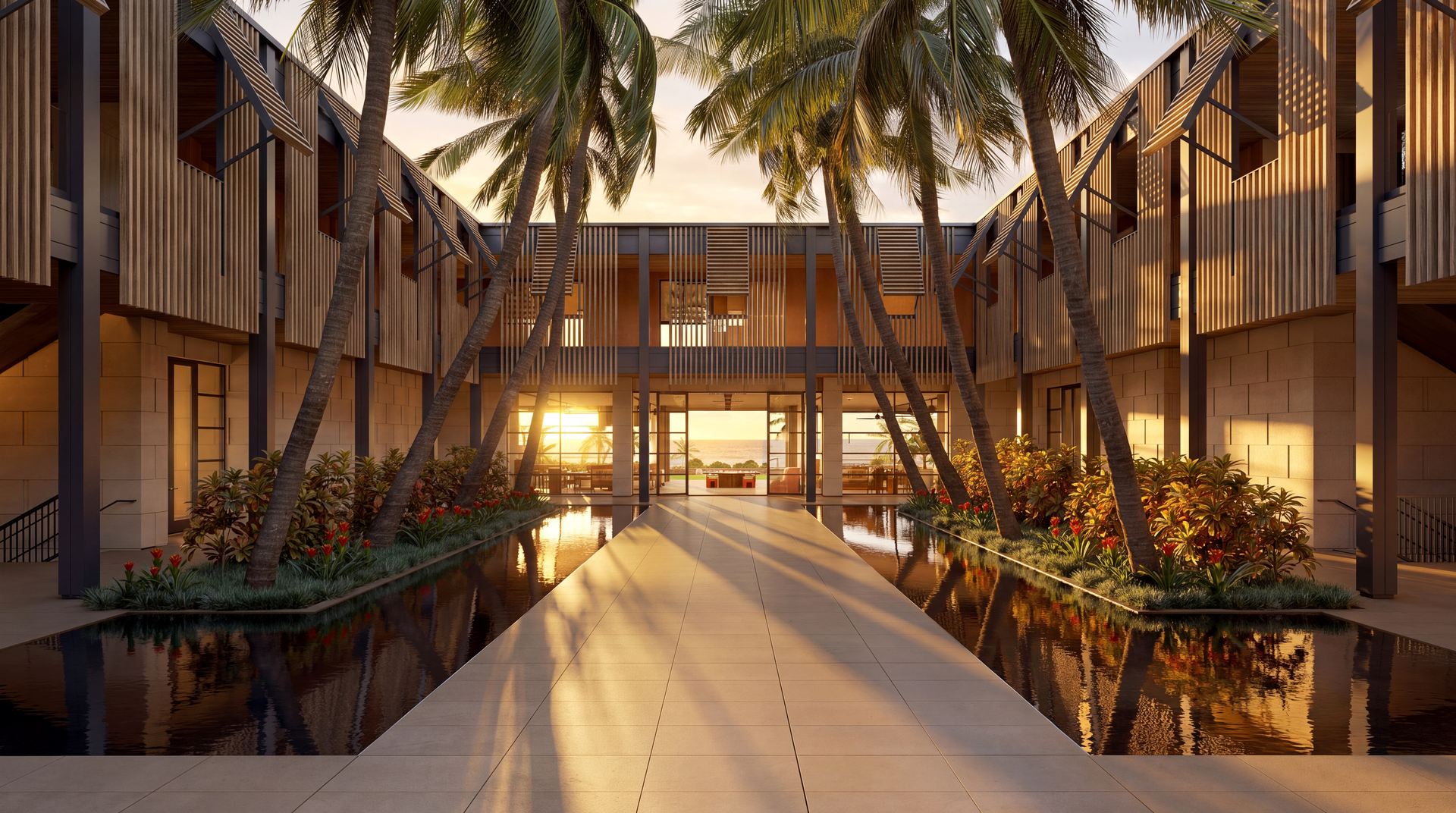 Architectural rendering of the Makena Golf & Beach Club courtyard at sunset, Maui, Hawaii