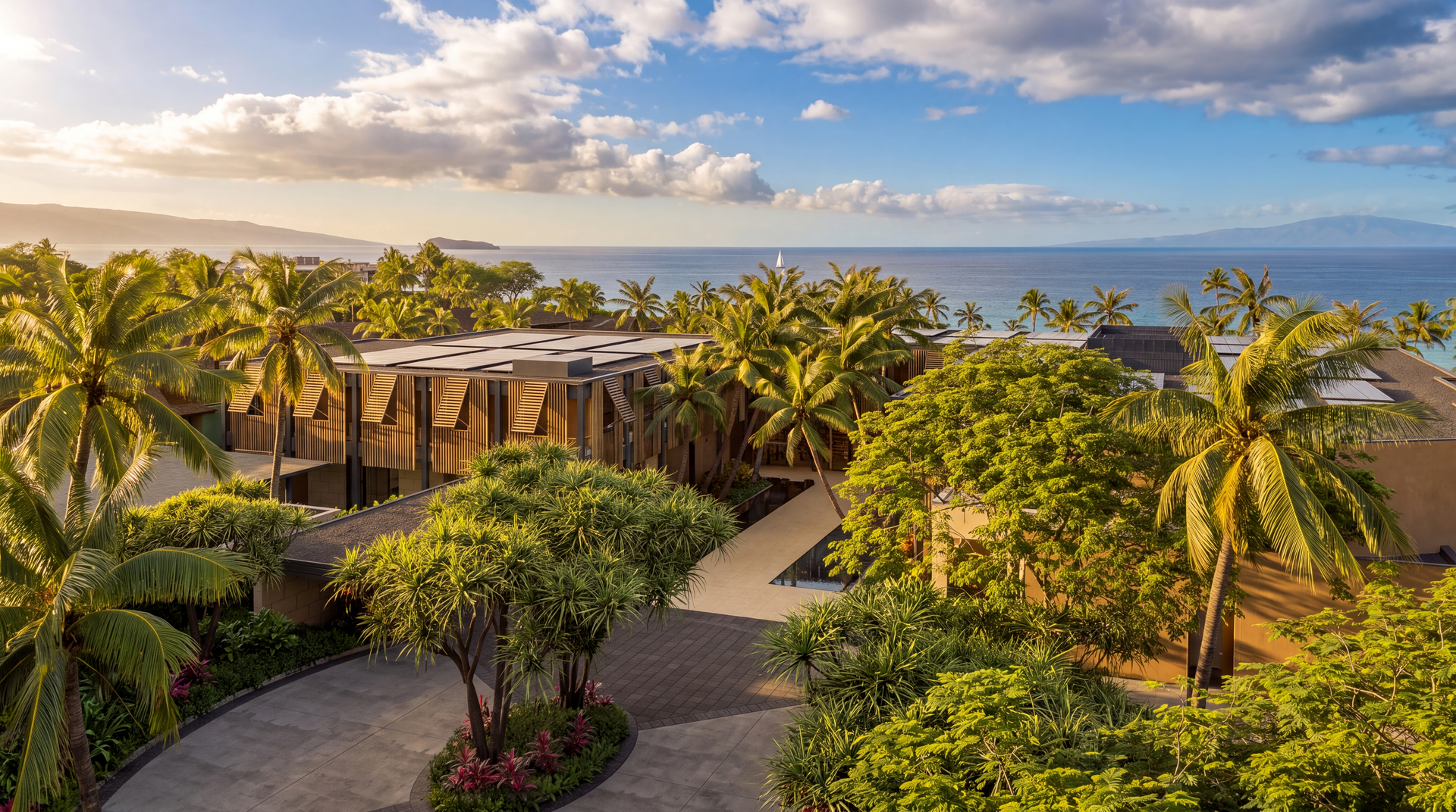 Makena Golf & Beach Club motor court rendering at golden hour, Maui