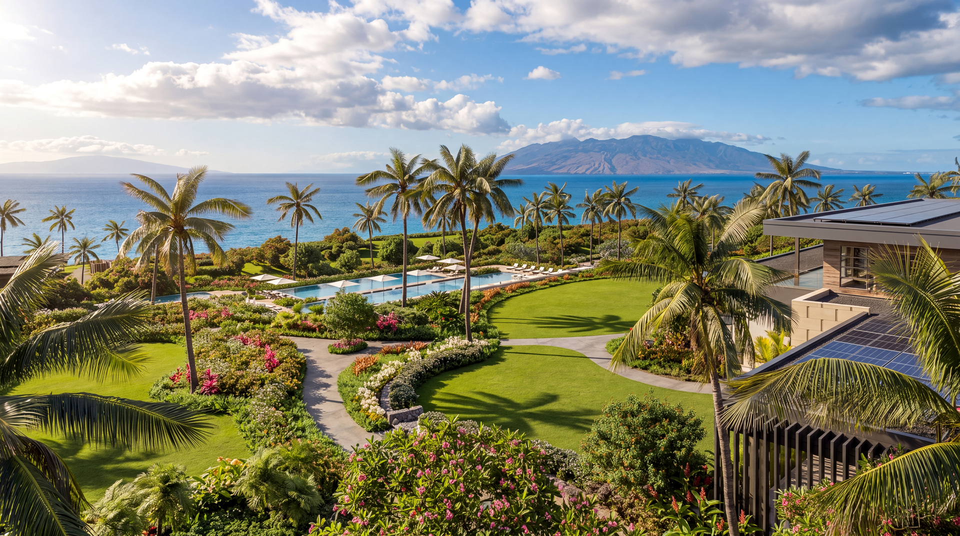 Makena Golf & Beach Club clubhouse gardens and pools overlooking the Pacific, Maui