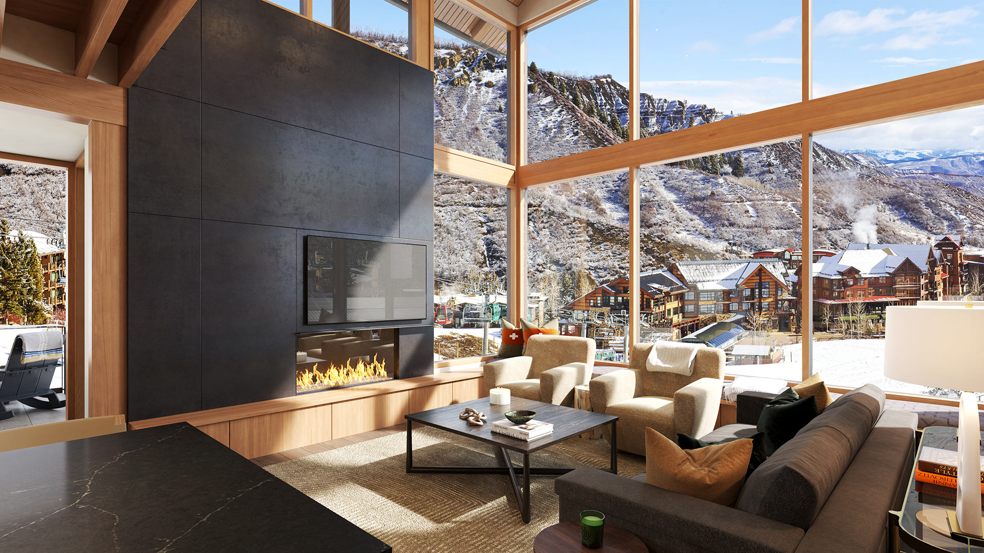 Havens Snowmass bedroom suite rendering with alpine light