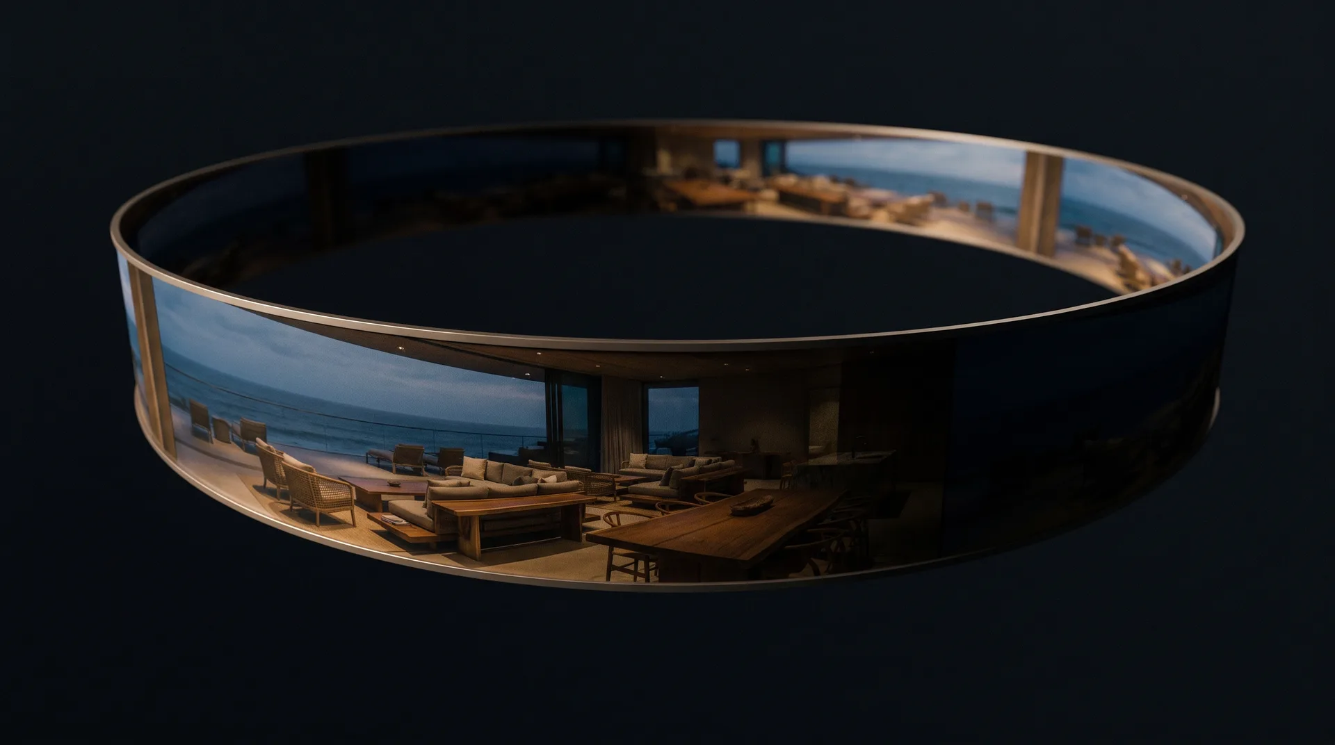 A 360-degree resort lanai panorama bent into a curved immersive ribbon of light