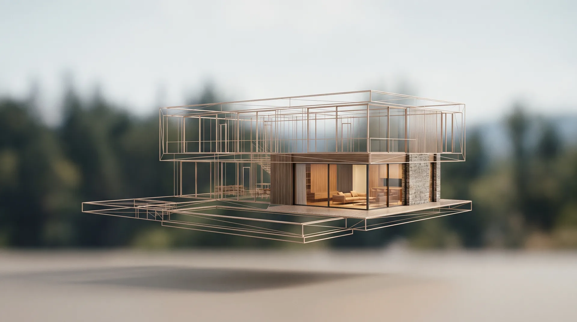 Bronze wireframe 3D model of a modern residence transitioning into photorealistic materials