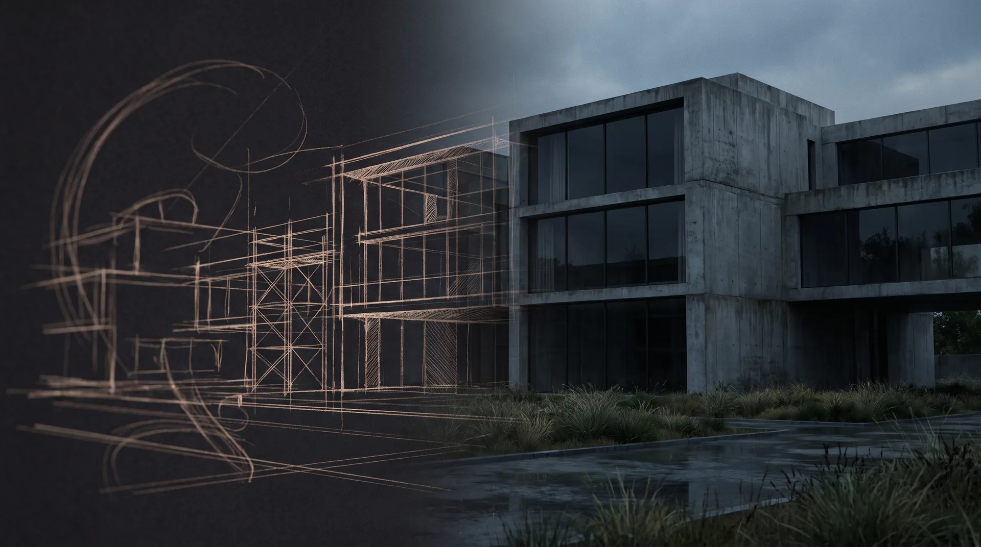 Pencil linework dissolving into a photorealistic rendering of a luxury oceanfront residence at dusk