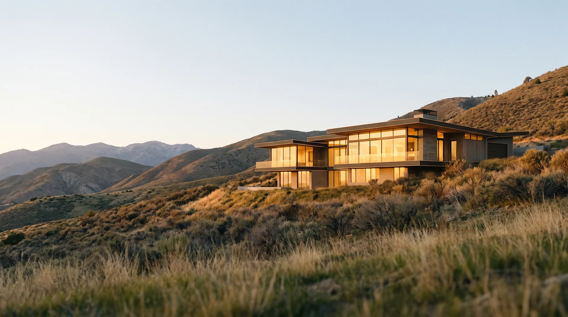 Proposed modern residence composited into a dusk photograph of a coastal hillside site