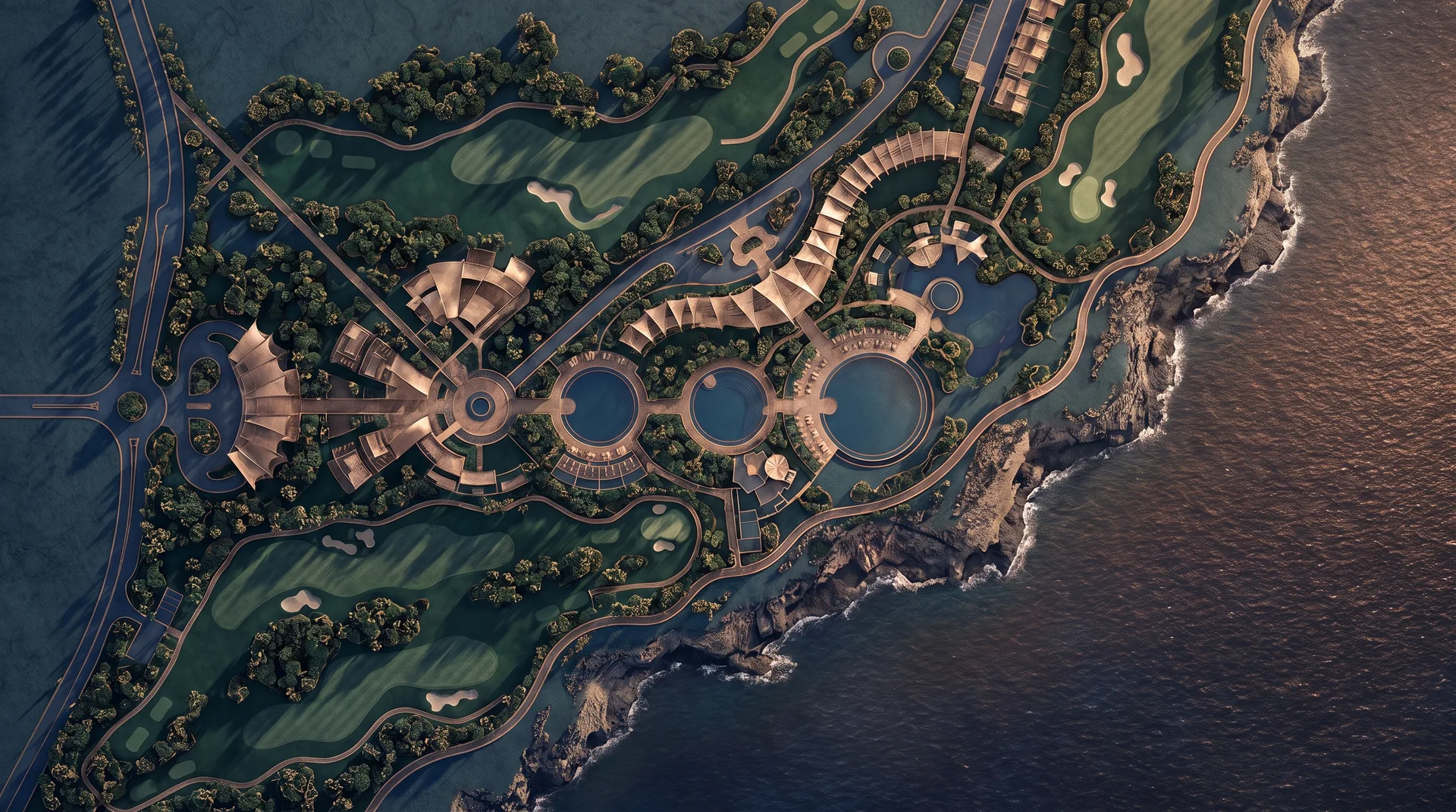 Aerial rendered site plan of a luxury oceanfront resort community at dusk
