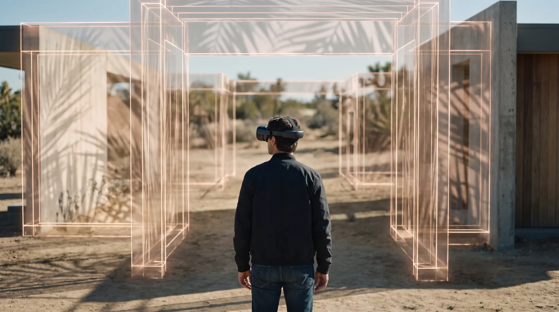 Client in a VR headset surrounded by a luminous holographic model of an unbuilt residence