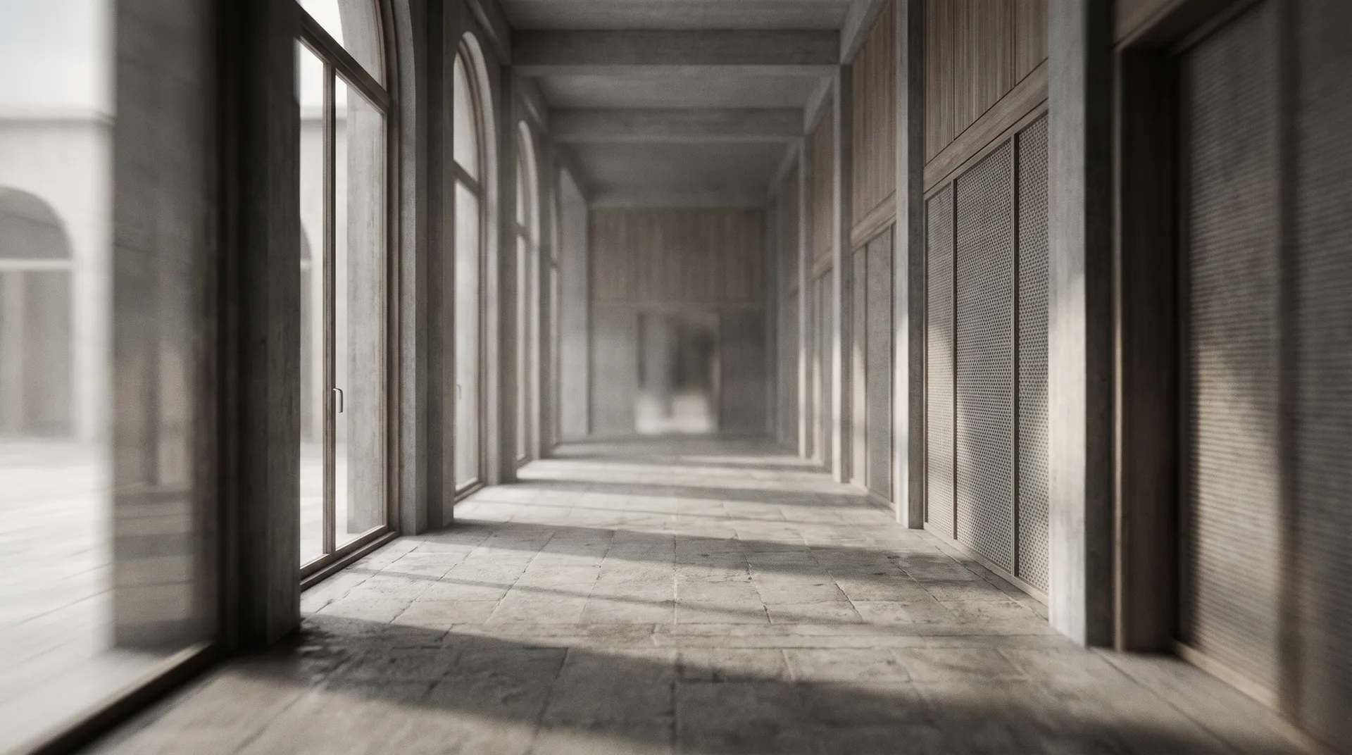 Cinematic animation still gliding through a luxury alpine great room at golden hour
